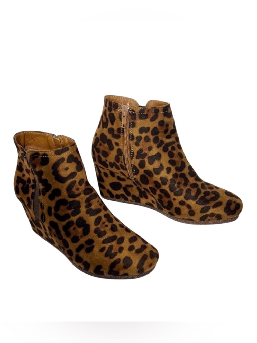 Mata Vegan Suede Ankle Boots Brown Black Animal Print Side Zip Womens size 7.5